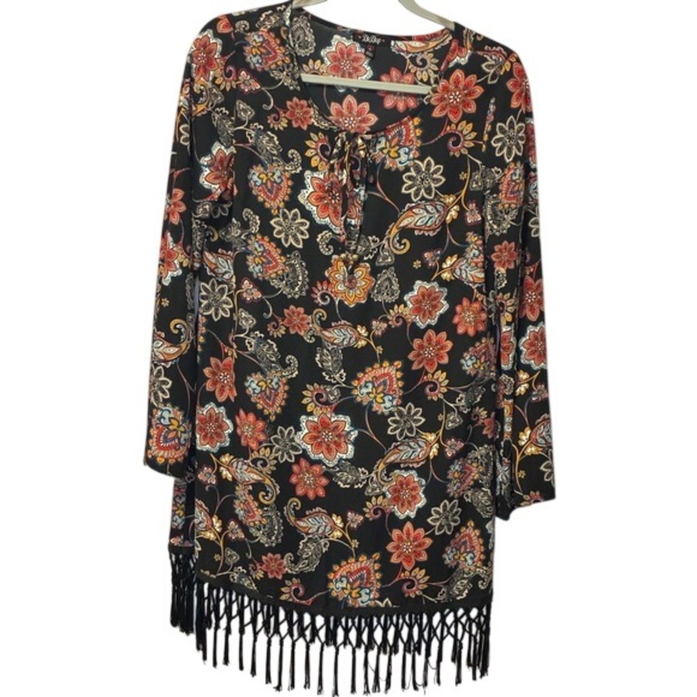 BeBop Black Floral Paisley Fringe Hem Long Sleeve Boho Shift Dress Medium